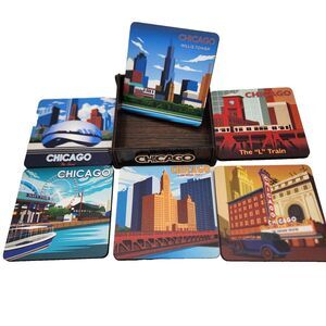 Set of 6 Chicago Painted Wood Coasters with Tray Vibrant Colors Cityscape EUC